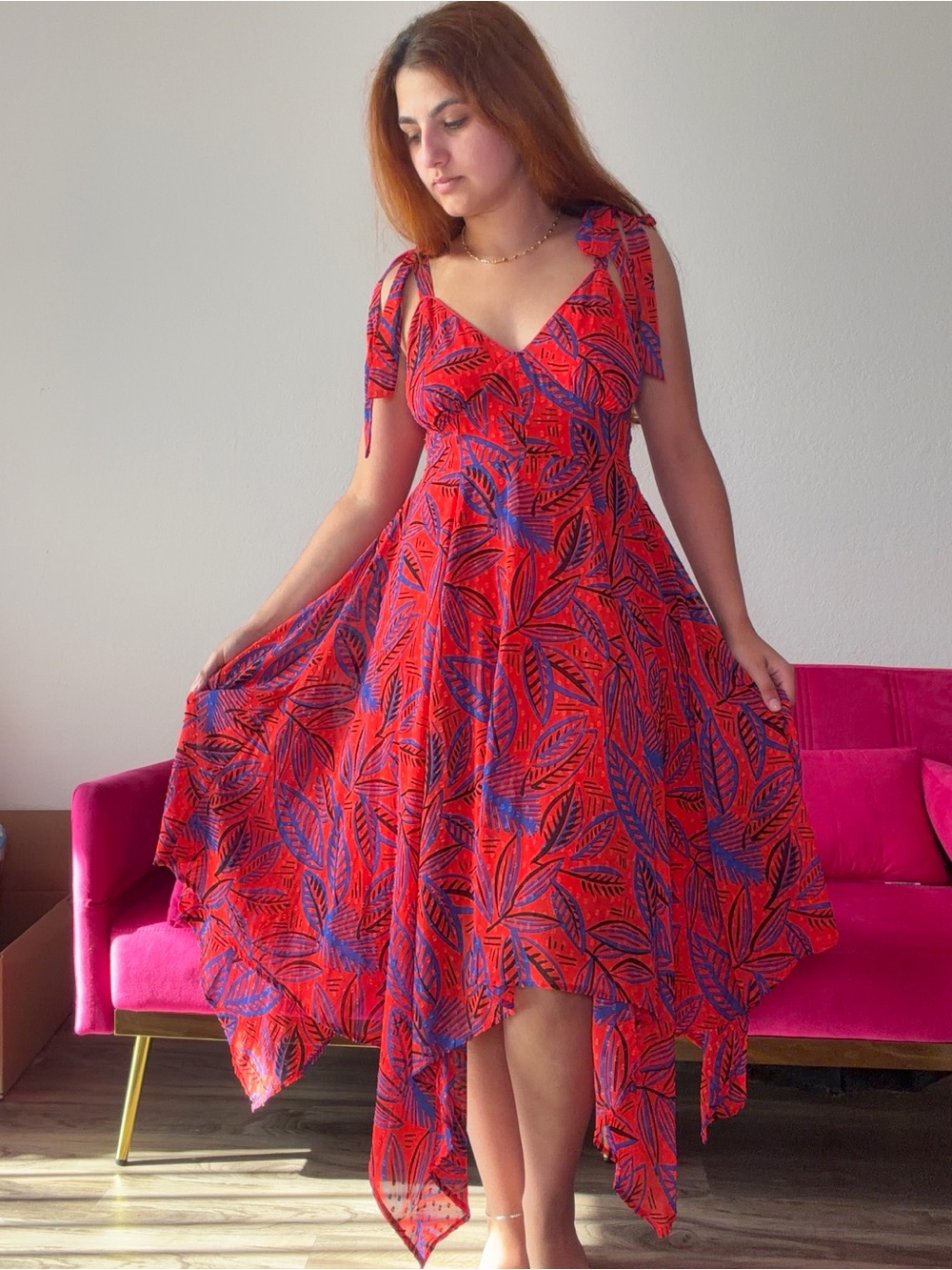 Alexis Red Leaf-Print Handkerchief Midi Dress with Blue Leaf Accents